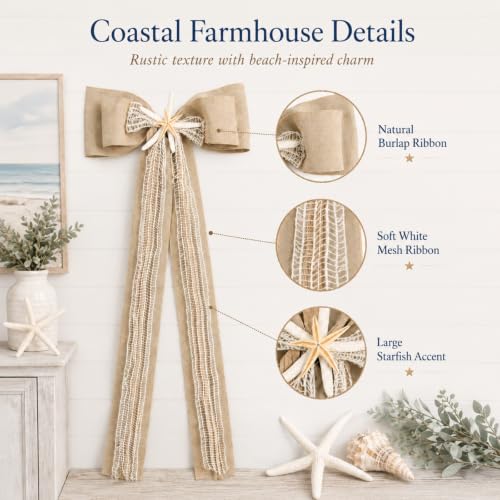 Dingion Giant Coastal Christmas Tree Topper Bow with Burlap & Starfish, 20 x 47 inches