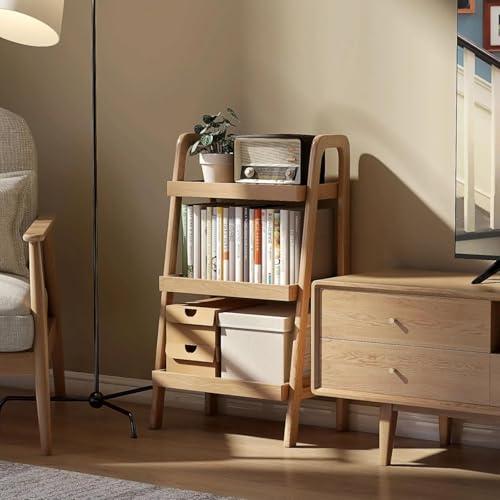 3-Tier Solid Oak Ladder Shelf, Small Wooden Bookshelf for Living Room