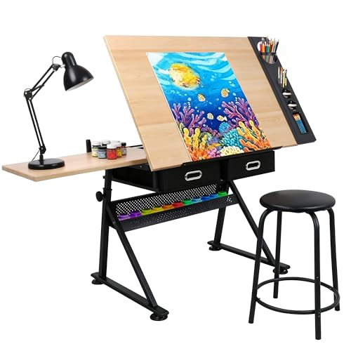 Adjustable Drafting Table with 2 Storage Drawers and Stool