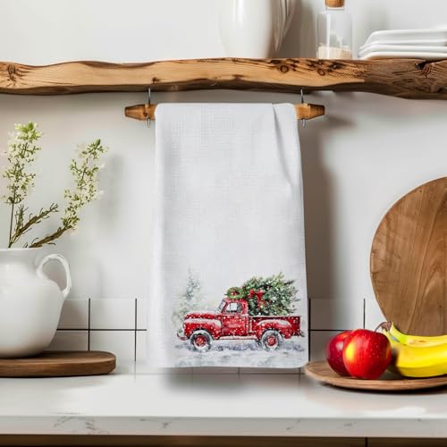 Qabliqo Red Truck Christmas Kitchen Hand Towels 16x24 Inches Winter Holiday Decor