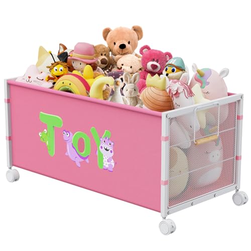 120L Extra Large Rolling Toy Box with Wheels and Handles, Pink