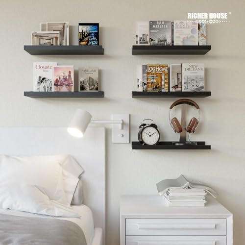 Black Floating Shelves with Lip - Set of 5 16-Inch Wall Mounted Picture Ledge