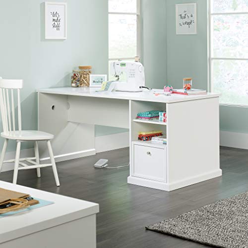 Modern Craft Table with Storage, White Work Desk for Sewing and Scrapbooking