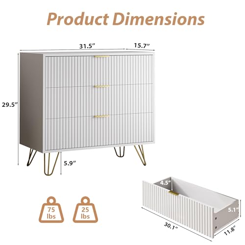 Modern 3-Drawer Fluted Dresser with Gold Handles, White Bedroom Storage Chest