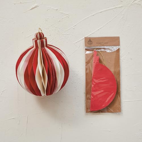 Red Cream Honeycomb Paper Ornament – Glittering 7" Christmas Decoration