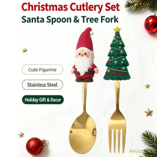 Christmas Gold Flatware Set 2 Pieces - Santa Spoon & Tree Fork with Silicone Handles