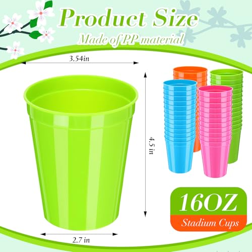 50 Pack 16 oz Reusable Plastic Stadium Cups - Blank Tumblers for Parties