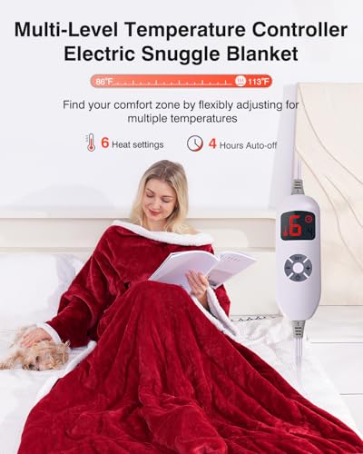 Yokimisu Wearable Heated Blanket with Sleeves & Foot Pockets, Electric Heated Robe, 6 Heating Levels, 50x70 inches, Red