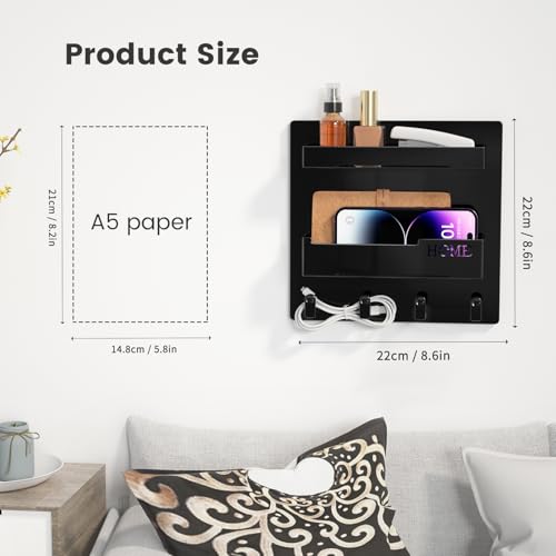 Bedside Wall Mount Organizer Shelf with Hooks and Adhesive Backing