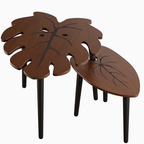 Monstera Leaf Nesting Tables Set of 2, Wooden Side Table Set for Living Room