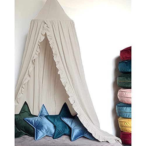 Boho Kids Bed Canopy with Frills, Hanging Reading Nook Play Tent (Beige)