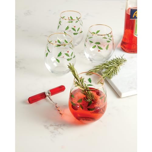 Stemless Wine Glasses Set of 4 - 14oz Christmas Holiday Pattern