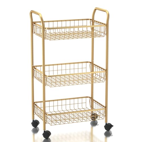 3-Tier Rolling Utility Cart with Lockable Wheels - Gold Metal Storage Trolley