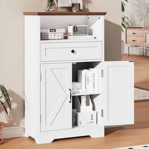 Farmhouse Floor Storage Cabinet with Barn Doors and Drawer, White