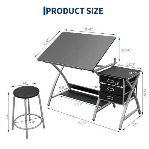 Adjustable Drafting Table with Stool and 3 Drawers for Artists