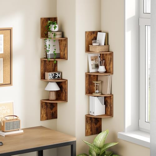 4-Tier Wall-Mounted Corner Floating Shelves, Rustic Brown Set of 2
