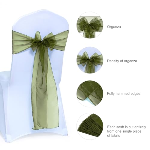 Olive Green Sheer Organza Chair Sashes - Pack of 25 Wedding Chair Bows