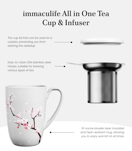 Immaculife White 16oz Tea Cup with Infuser & Lid - Loose Leaf & Coffee Mug