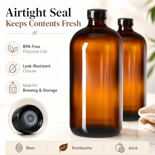32oz Amber Glass Bottles with Airtight Lids for Home Brewing, Pack of 4