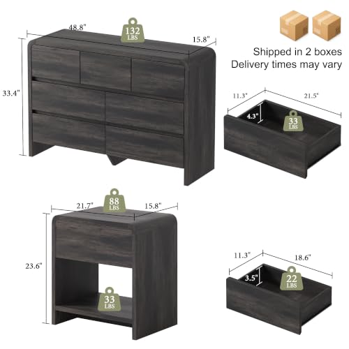 Modern 3-Piece Bedroom Furniture Set with Dresser and Nightstands, Large Storage, Black