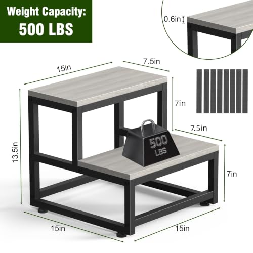 Heavy Duty 2-Step Stool, Non-Slip Wooden Step Stool for Adults and Kids