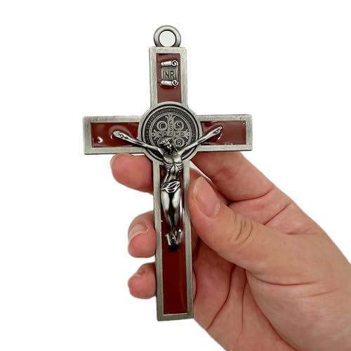 St. Benedict Metal Wall Cross - 5-Inch Antique Silver Enamel Crucifix