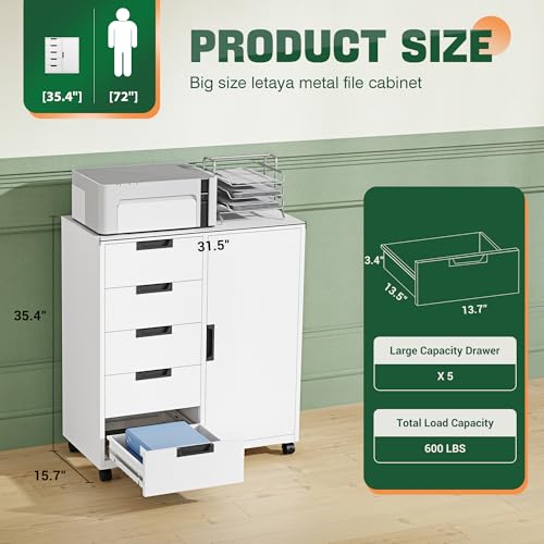 5-Drawer Metal Storage Cabinet with Shelves and Mobile Printer Stand