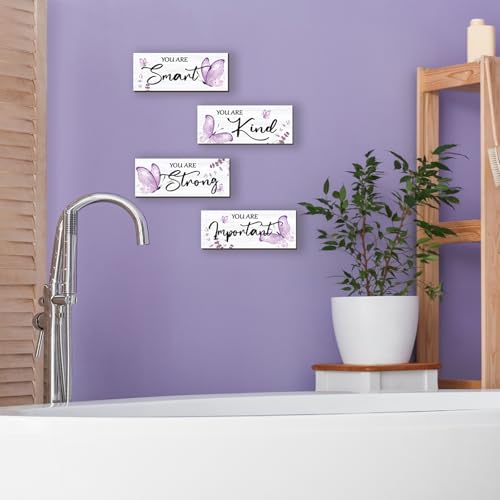 4-Piece Purple Butterfly Wooden Wall Decor with Inspirational Quotes