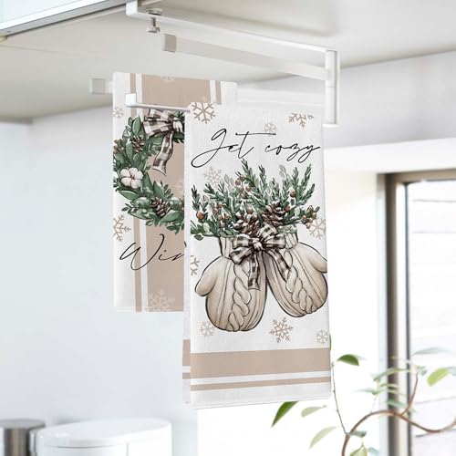 Seliem Winter Wreath & Mitten Kitchen Dish Towels Set of 2 - Brown, Holiday Decor