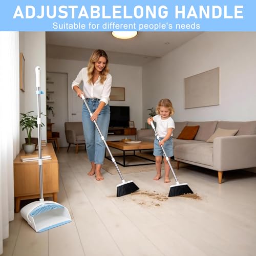Broom and Dustpan Set with Comb Teeth & Adjustable Long Handle