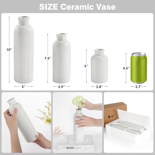Small White Ceramic Vase Set of 3 - Modern Boho Farmhouse Home Decor
