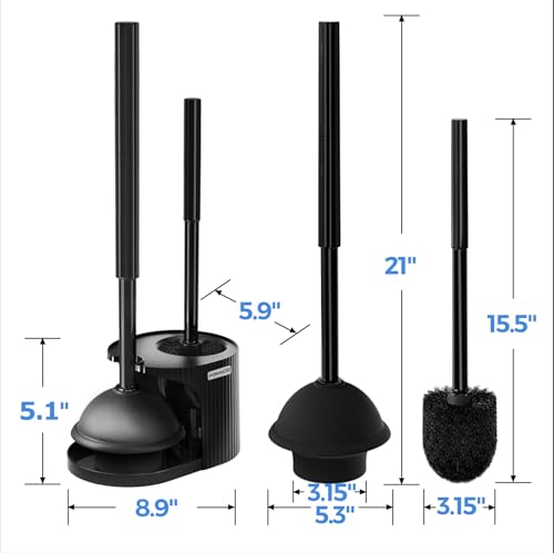 2-Pack 2-in-1 Toilet Brush and Plunger Set with Extended Handle & Gloves