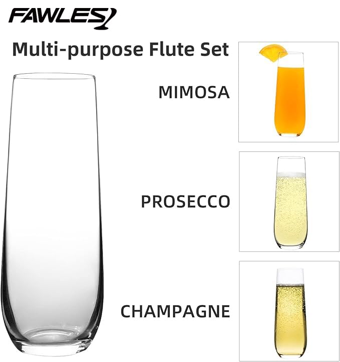 FAWLES Set of 12 Stemless Champagne Flutes 8 oz Crystal Glasses for Mimosas & Prosecco