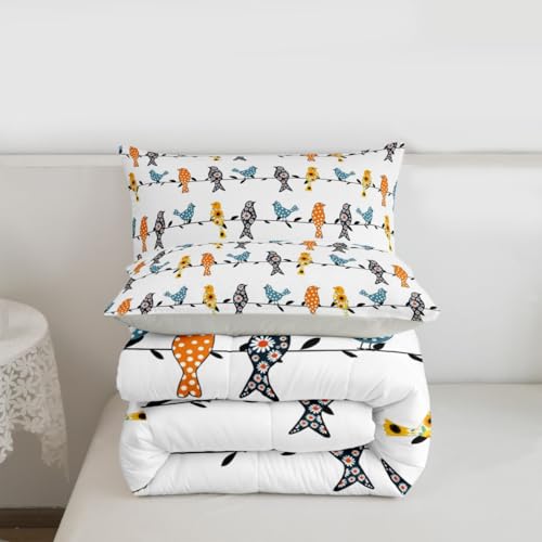 Erosebridal Twin Comforter Set for Kids & Adults - Colorful Floral Birds, Quilted Duvet, 2-Piece