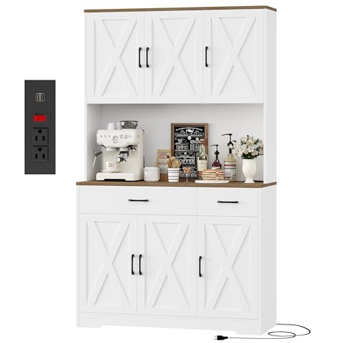 71" Tall Farmhouse Kitchen Pantry Cabinet with Charging Station, White