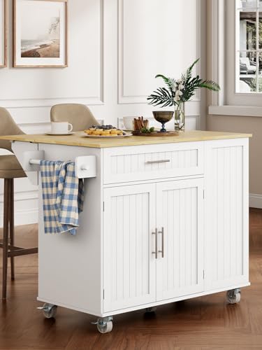 Rolling Kitchen Island with Drop Leaf, Trash Can Storage and Rubberwood Top