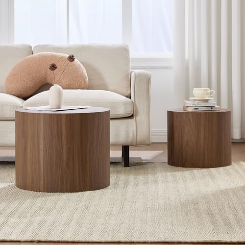 Round Wooden Nesting Coffee Table Set of 2, Walnut Finish End Tables