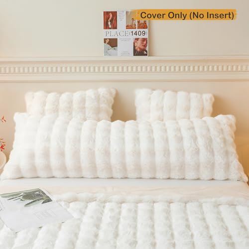 Fluffy Faux Rabbit Fur Body Pillow Cover 20x54, Beige Shaggy Pillowcase