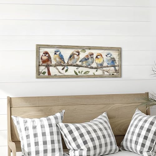 Chickadee Bird Wooden Framed Wall Art, 24x8 Inch Rustic Farmhouse Decor