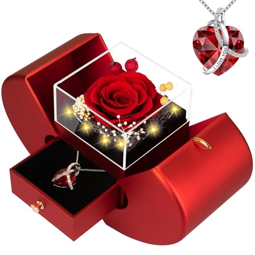 Preserved Real Red Rose in Apple Jewelry Box with I Love You Necklace