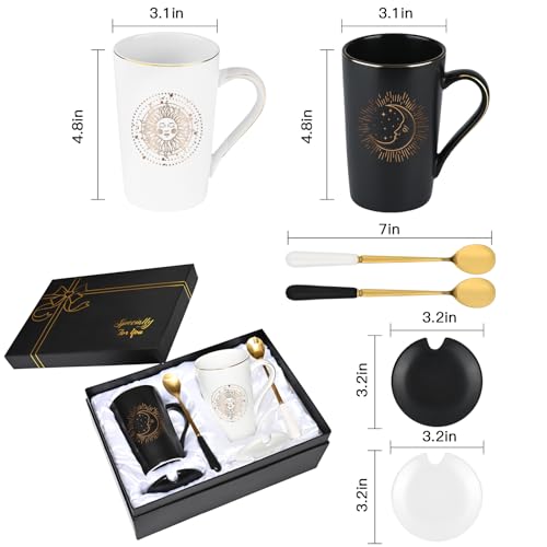 Maustic Sun & Moon Mugs 14oz - Black/White Aesthetic Boho Coffee Cups Gift Set