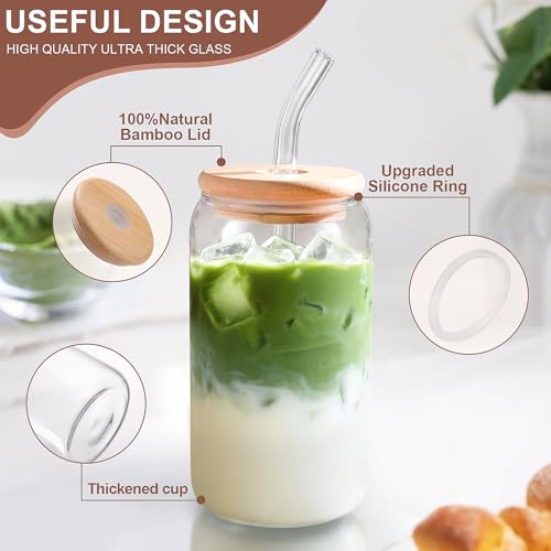 16 oz Glass Coffee Cups with Lids and Straws, Set of 2 Reusable Tumblers