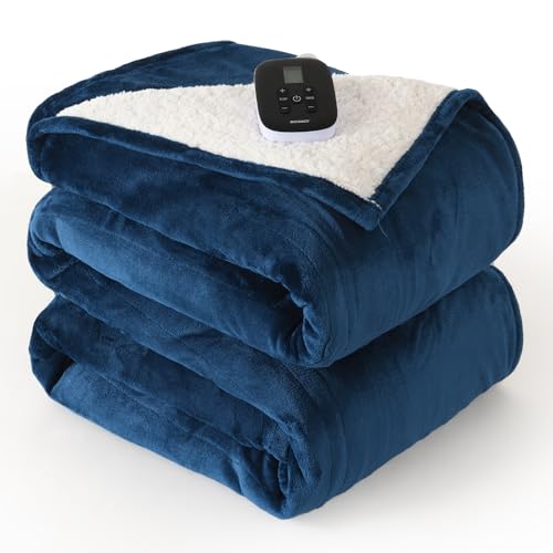 Twin Size Electric Heated Blanket, Flannel and Sherpa Throw with 10 Heat Levels
