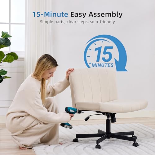 Wide Criss Cross Office Chair with Wheels, Armless Fabric Vanity Chair