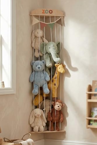 Corner Stuffed Animal Storage Zoo with Wooden Shelves and Hanging Garland