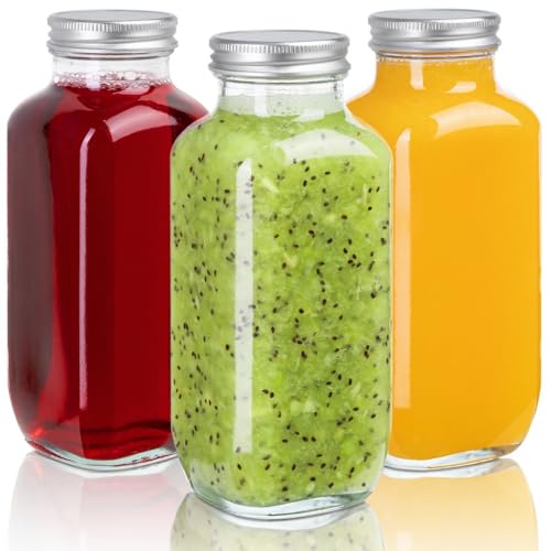 16 oz Glass Juice Bottles with Lids, Set of 3 Leakproof Reusable Containers