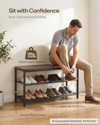 3-Tier Industrial Shoe Bench with Mesh Shelves, 29.5-Inch Entryway Organizer
