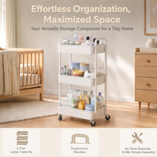 3-Tier Rolling Utility Cart with Wheels - Mobile Storage Organizer, White