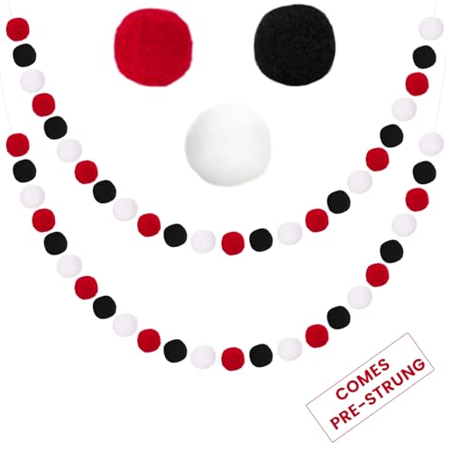 jijAcraft Black Red White Felt Ball Garland 2-Pack, 8.2ft Each - Halloween & Holiday Pom Pom Garlands