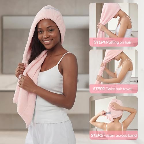 Microfiber Hair Towel Wrap - Super Absorbent Quick Drying Turban for Thick Long Curly Hair (2 Pack)
